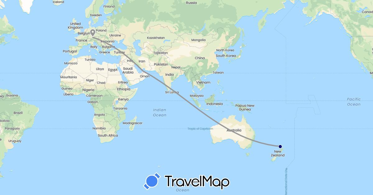 TravelMap itinerary: driving, plane in United Arab Emirates, Germany, New Zealand (Asia, Europe, Oceania)